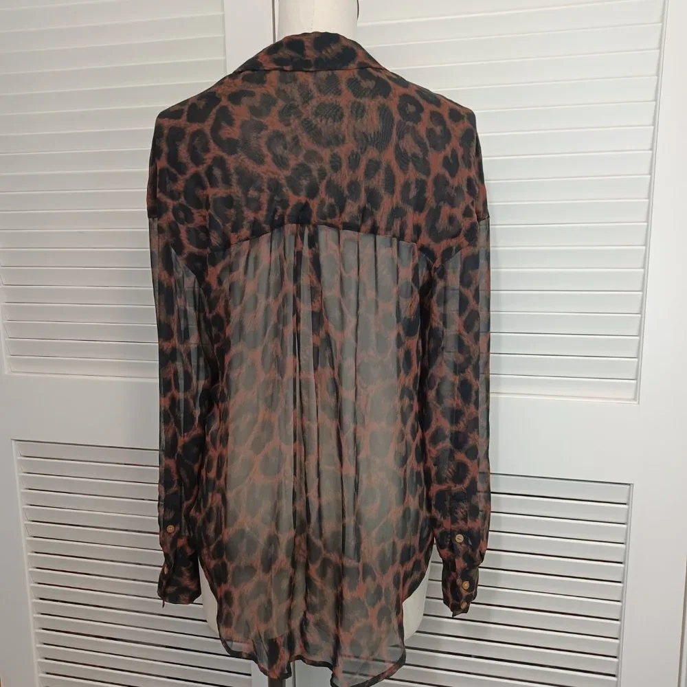 Free People Blouse Easy Rider Black Brown Leopard Print Chiffon Shirt Size Small